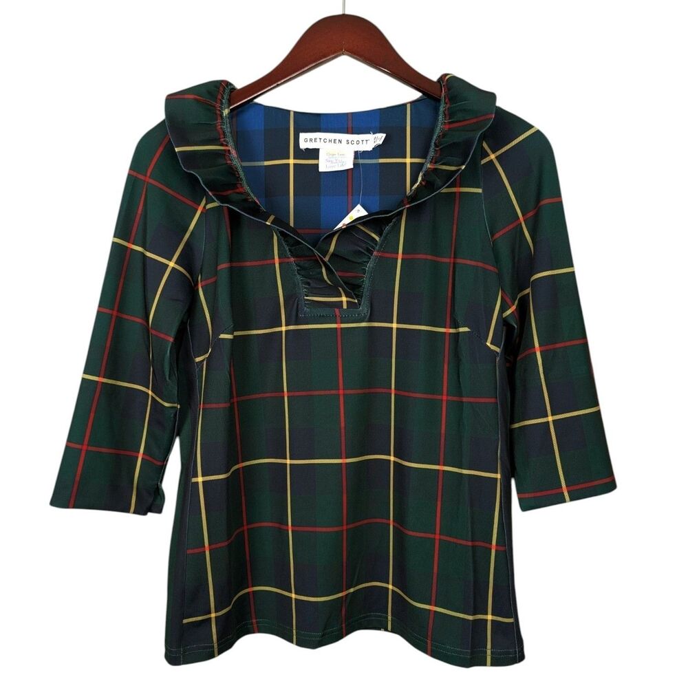 GRETCHEN SCOTT Plaidly Cooper Ruffle Neck Top - Picture 2 of 7